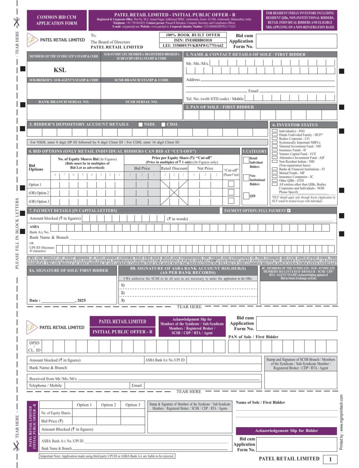 IPO/NCDs/SME IPO Application Forms - MGM Print Tech